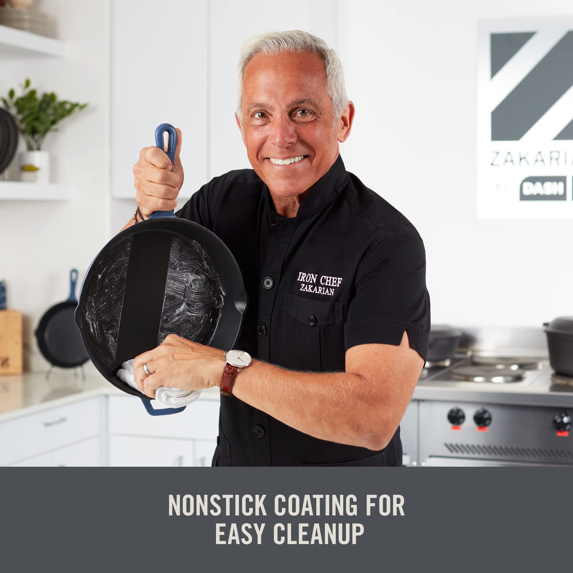 Dash Zakarian By Dash 6 Qt Nonstick Cast Iron Double Dutch Oven, Oval Pot With 2-In-1 Skillet Lid, Black